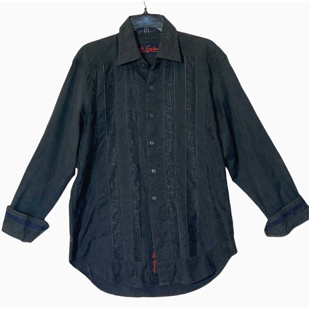 Robert Graham Dark Gray Leaves Embroidered Stripes Long Sleeve Shirt